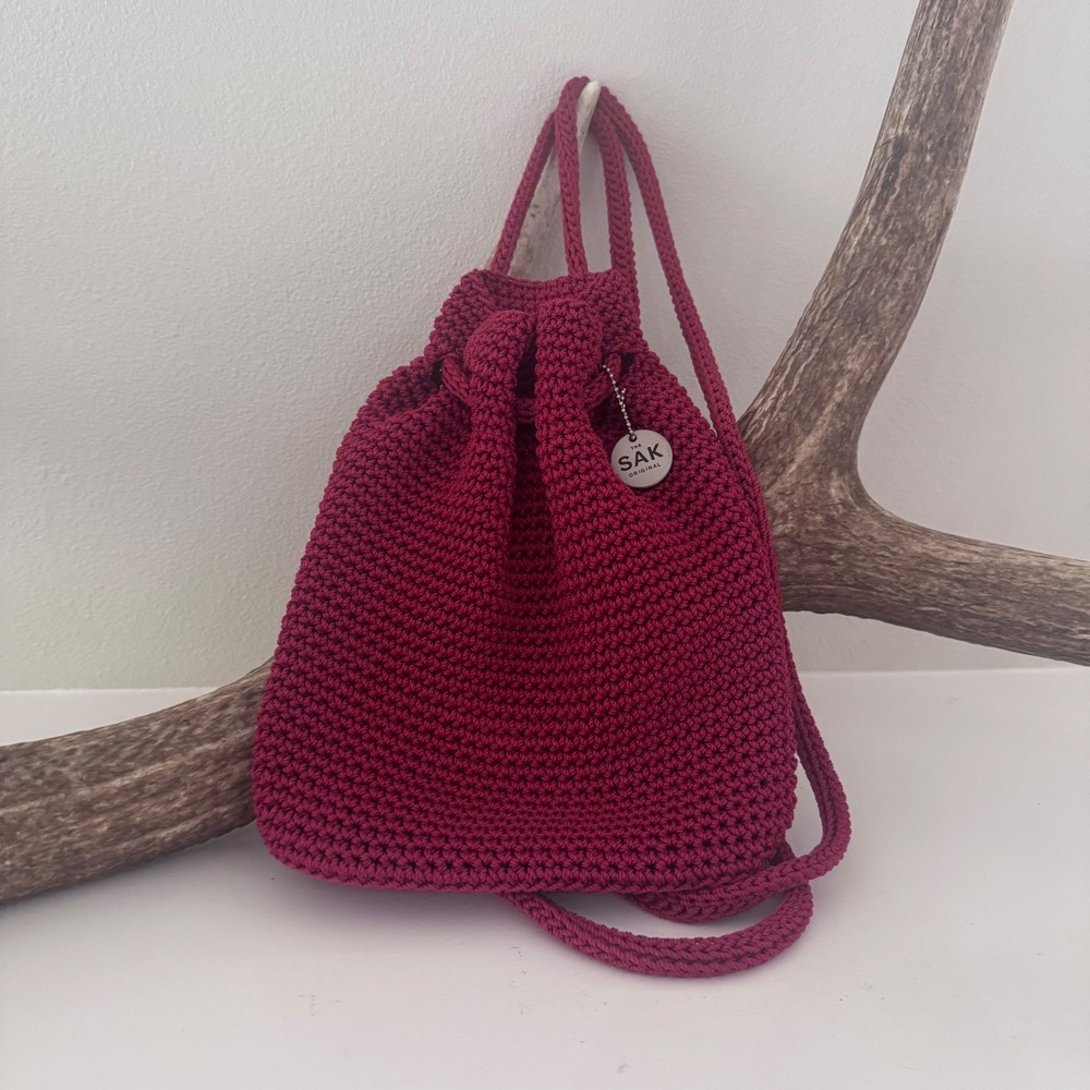 The Sak Original Crochet Drawstring Backpack Burgundy Wine Boho Bag